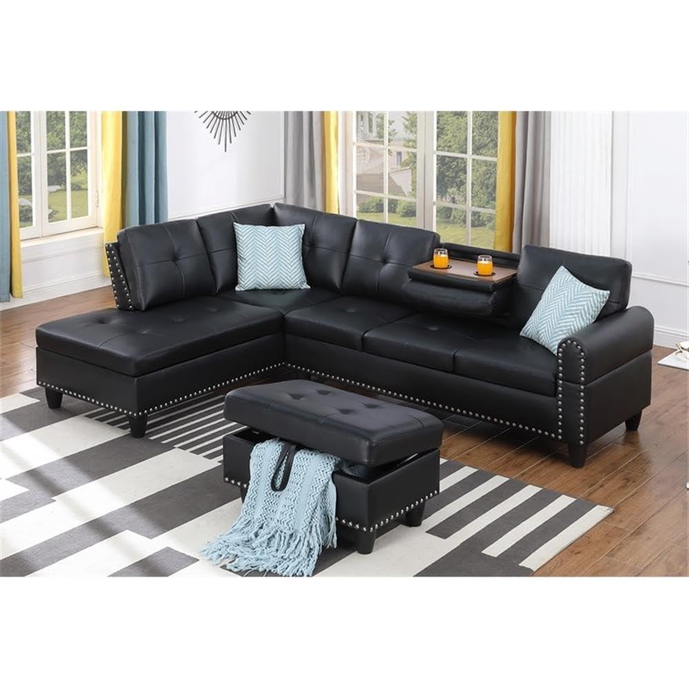 Devion Furniture Contemporary Faux Leather Nailhead Trim L Shaped Sectional Sofa Set Black
