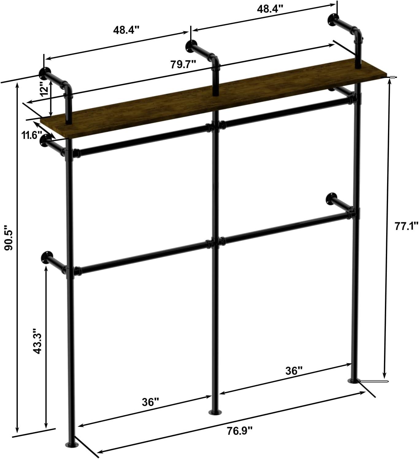 transparent.0 Industrial Pipe Hanger, Wall Mounted Industrial Hanger With LED Light And Shelf, Closet Hanger