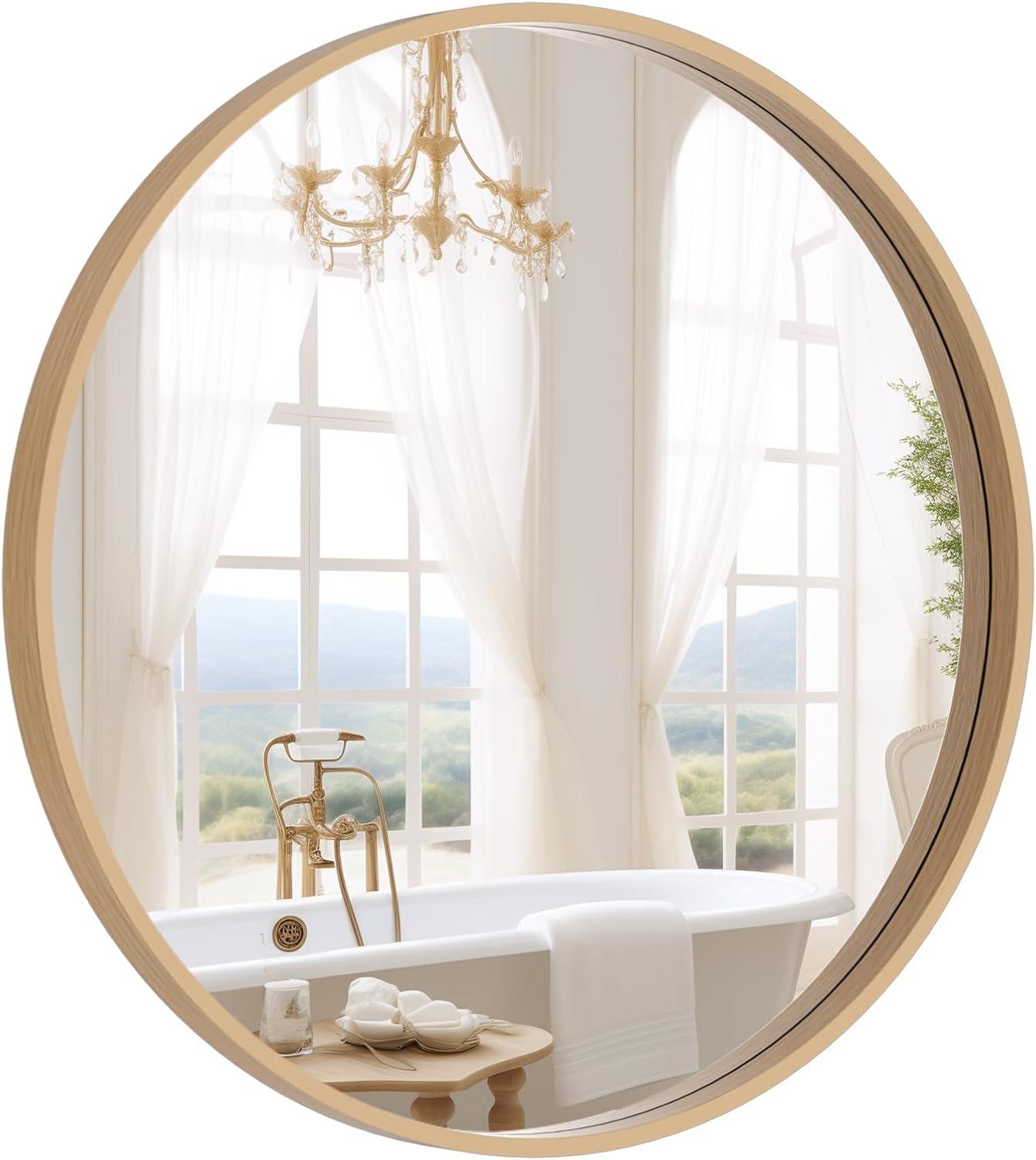 WallBeyond 24" Wood Round Mirror Natural : Pine Frame, Modern Style, Wall Mount, No Assembly Required