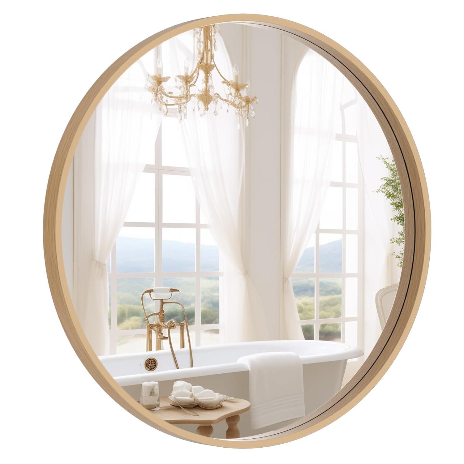 WallBeyond 24" Wood Round Mirror Natural : Pine Frame, Modern Style, Wall Mount, No Assembly Required