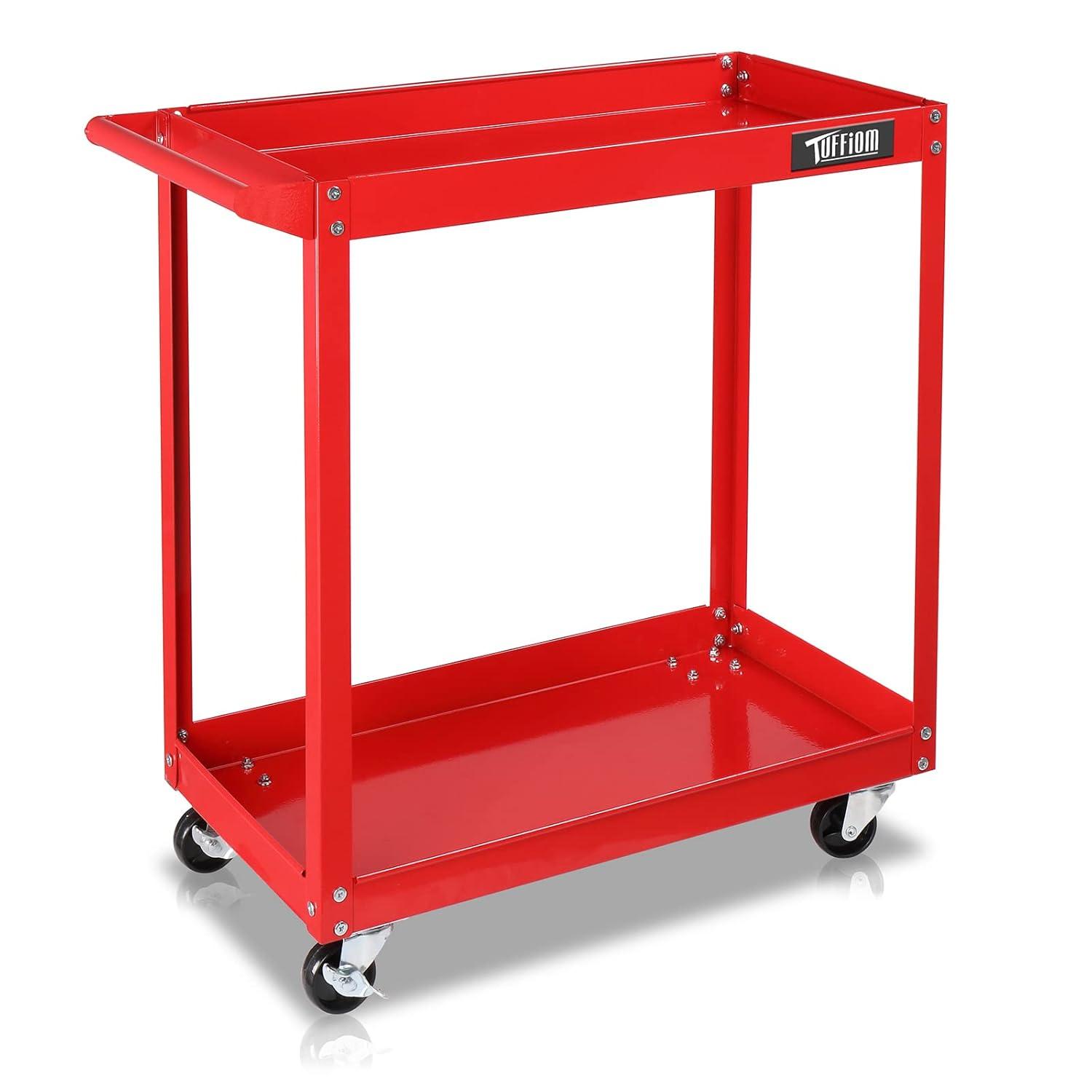 2 Tier Rolling Tool Cart, 220 LBS Capacity Industrial Service Cart w/Wheels, 2 Shelf Steel Utility Cart, Tool Storage Organizer for Mechanic, Garage, Workshop, Warehouse & Repair Shop, Red
