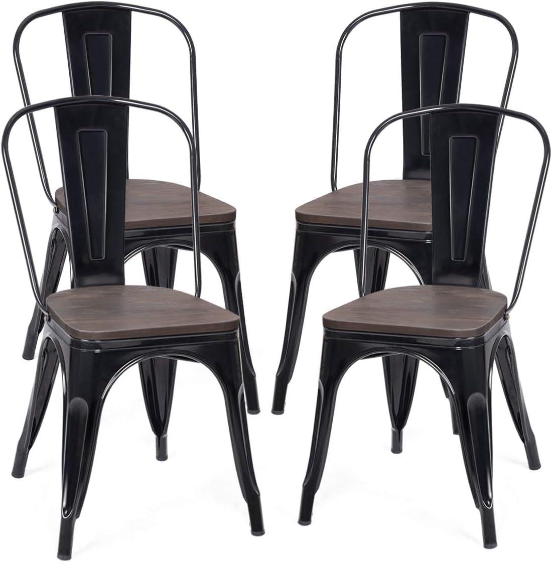 LUARANE 18 Inch Dining Chair Set of 4, Vintage Industrial Stackable Counter Metal Bar Chairs, w/High Backrest Wood Seat Surface, for Home Kitchen Cafe Bar Use (Black)