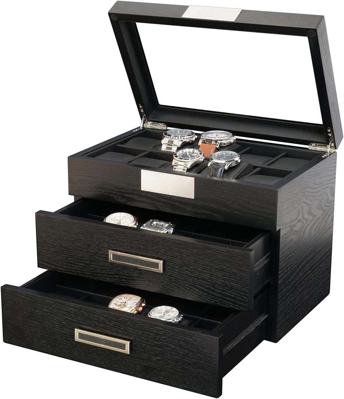30-Piece Black Ebony Wood Watch Extra Height Clearance Display Case and 3 Drawer Storage Organizer Box