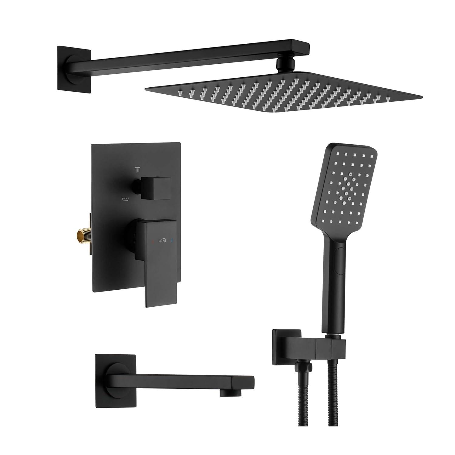 Kibi USA Cube Pressure Balanced 3-Function Shower System with Rough-In Valve Matte Black Matte