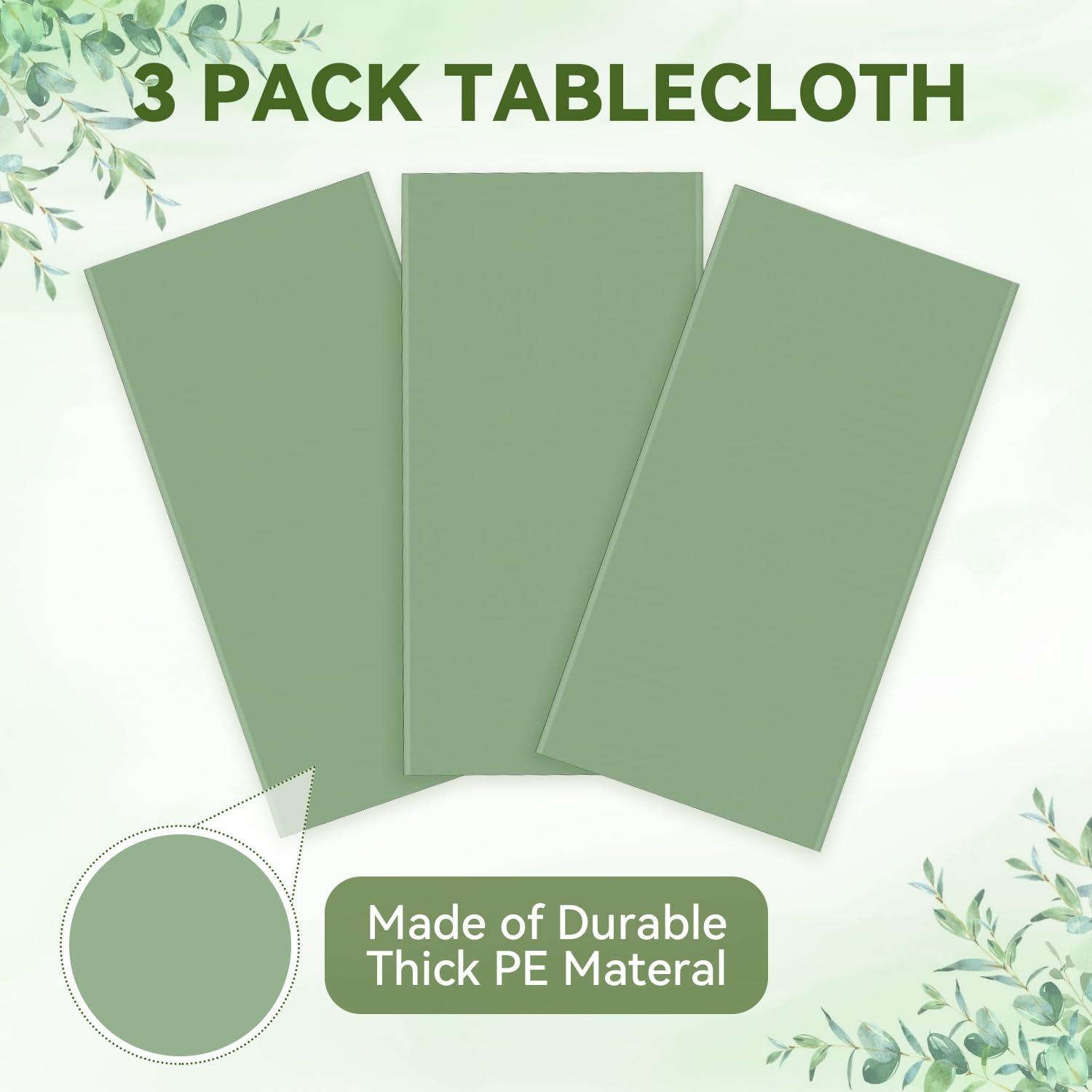 TRHOO-3Pack Sage Green Plastic Tablecloths for Rectangle Tables, Light Green Disposable Tablecloth, Waterproof Sage Green Table Cover for Birthday Bridal Wedding Baby Shower Party Decorations, 54 X 1