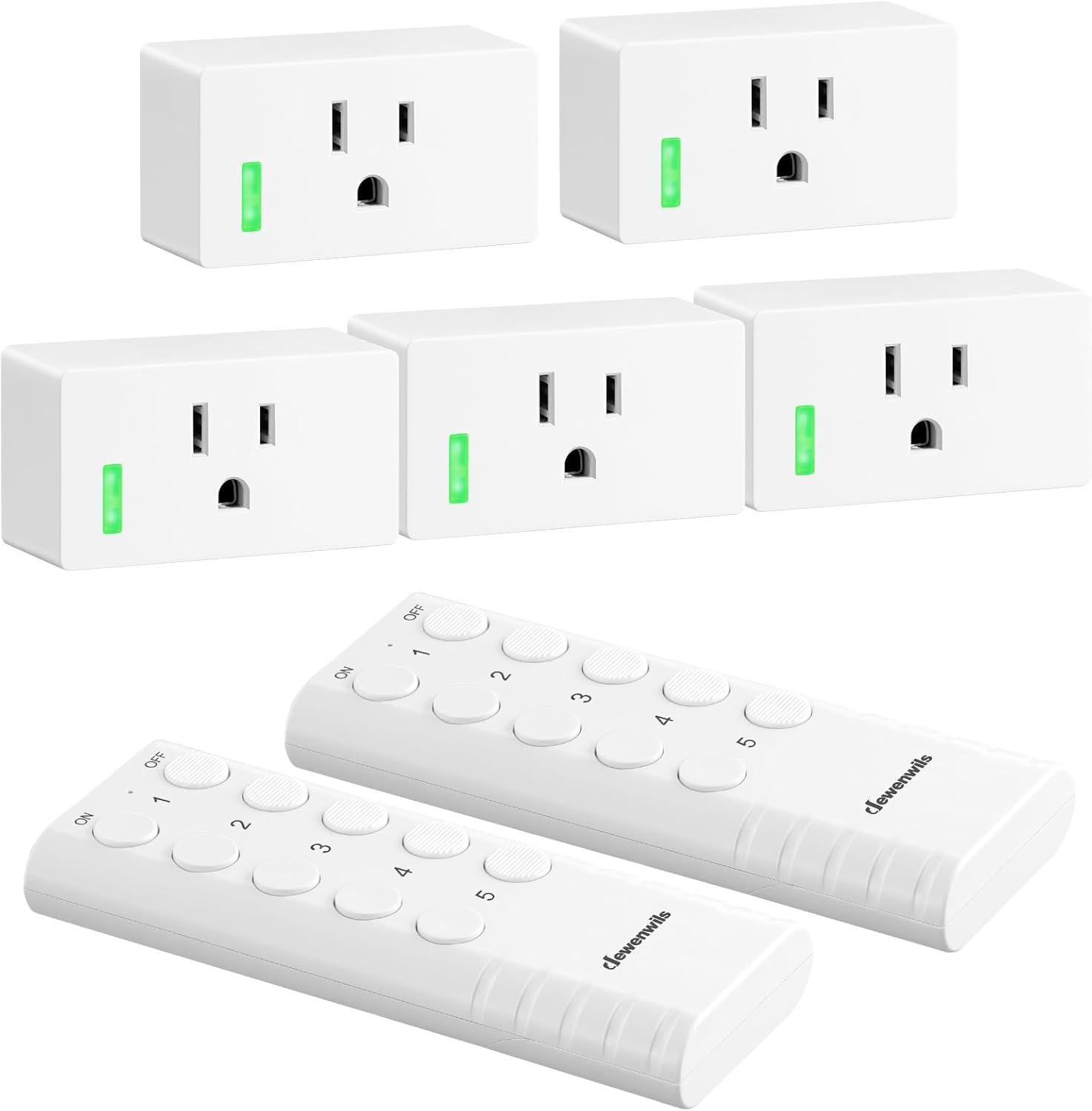 DEWENWILS Remote Control Outlet, Remote Control Outlet Plug 200FT Range, Indoor Wireless Remote Outlet Switch for Lamps, Fans, Christmas Lights, 15A/1800W，FCC & ETL Listed (5 Outlets + 2 Remotes)