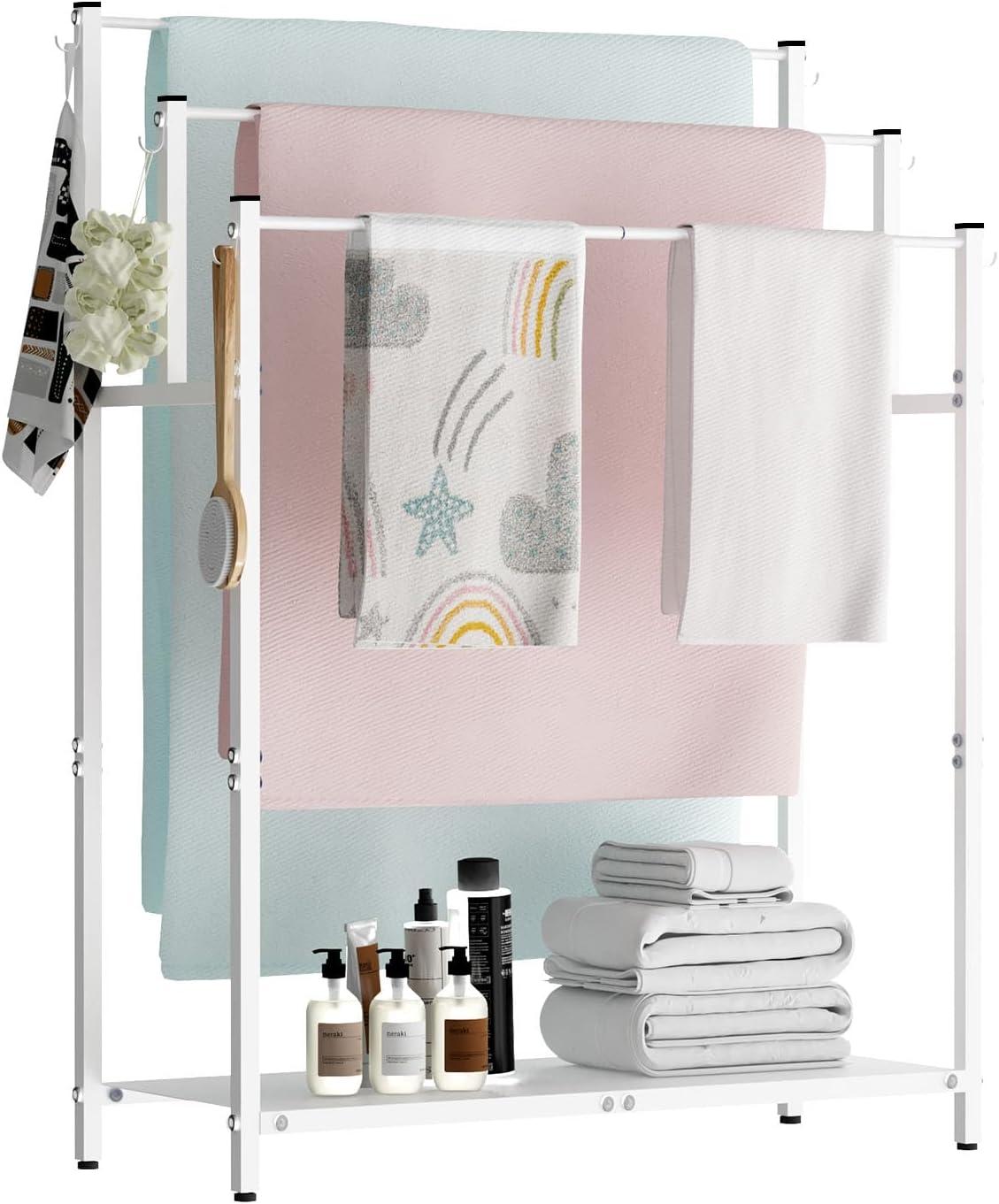 44" White Metal Freestanding Towel Rack with 6 Hooks