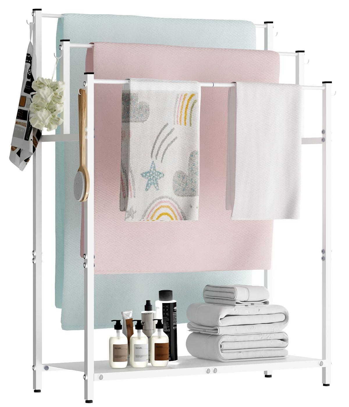 44" High Freestanding Towel Rack with 6 Bathroom Hooks