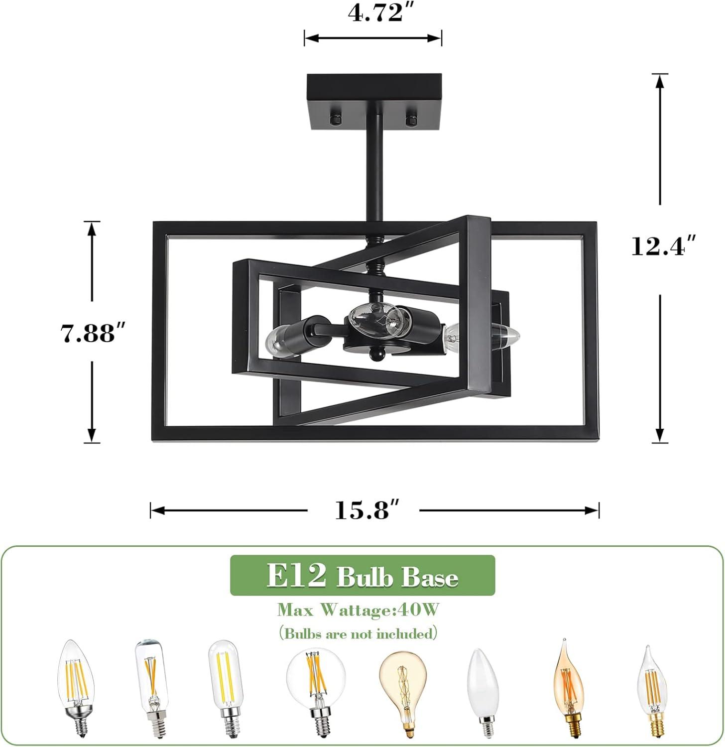 Black Semi Flush Mount Ceiling Light Fixture, 3-Light Modern Farmhouse Ceiling Light, Industrial Metal Chandelier Ceiling Lamp for Kitchen Entryway Bedroom Foyer Hallway, E26 Socket