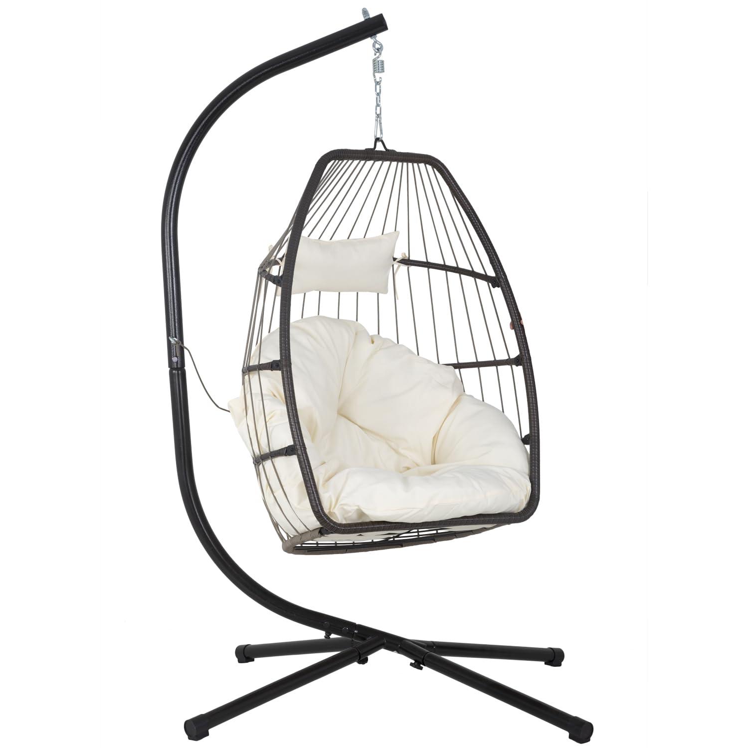 FDW Egg Hanging Chair with Stand Hammock Chair Hanging Patio Swing Chair UV Resistant Cushion for Indoor Bedroom Outdoor Garden Backyard Balcony(Tan)