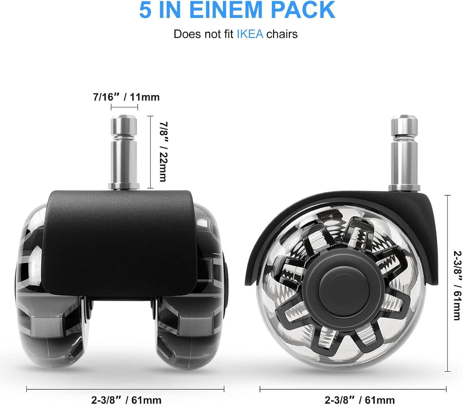 Office Chair Caster Wheels 2" Dual Wheels Set of 5 for Tile and Hardwood Floors, Universal Fit for Most Chairs (Transparent)