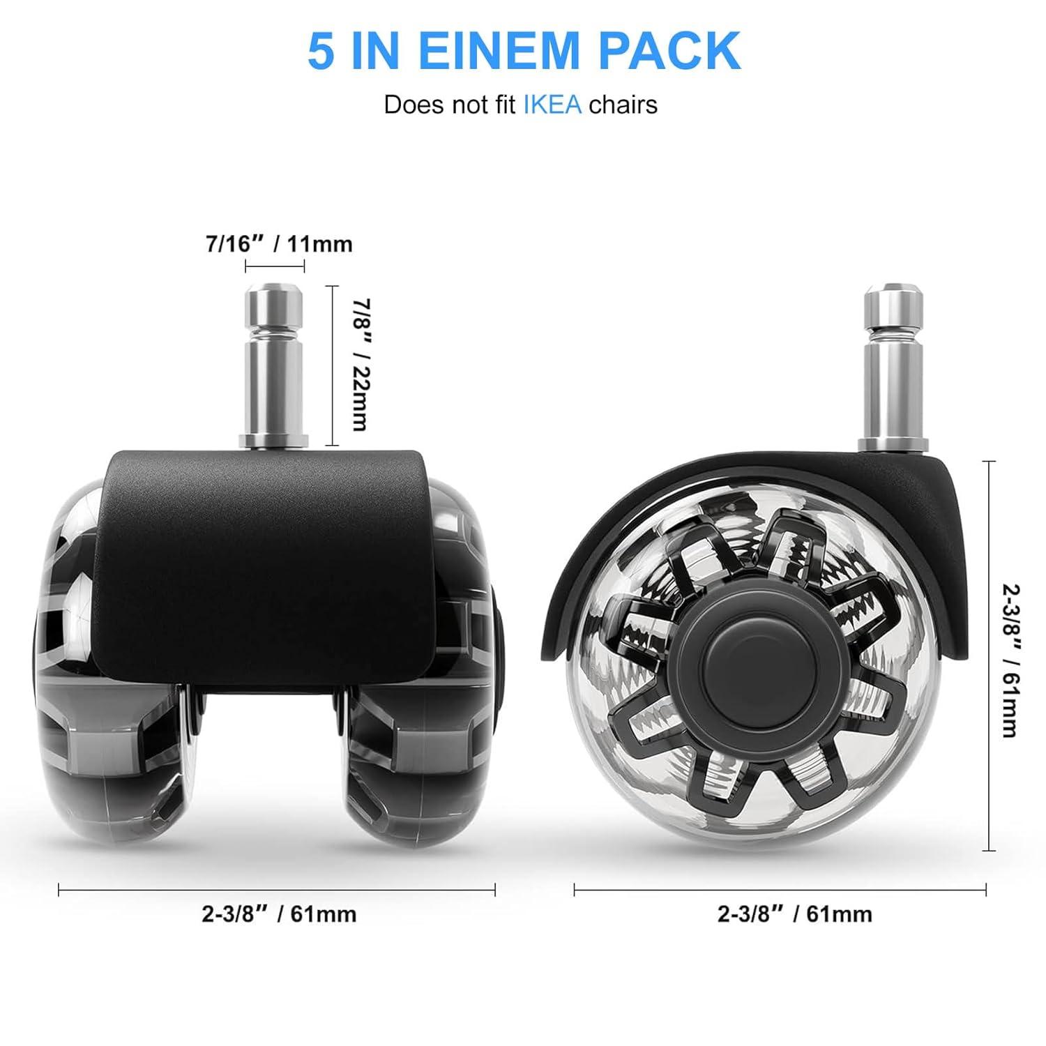 Office Chair Caster Wheels 2" Dual Wheels Set of 5 for Tile and Hardwood Floors, Universal Fit for Most Chairs (Transparent)