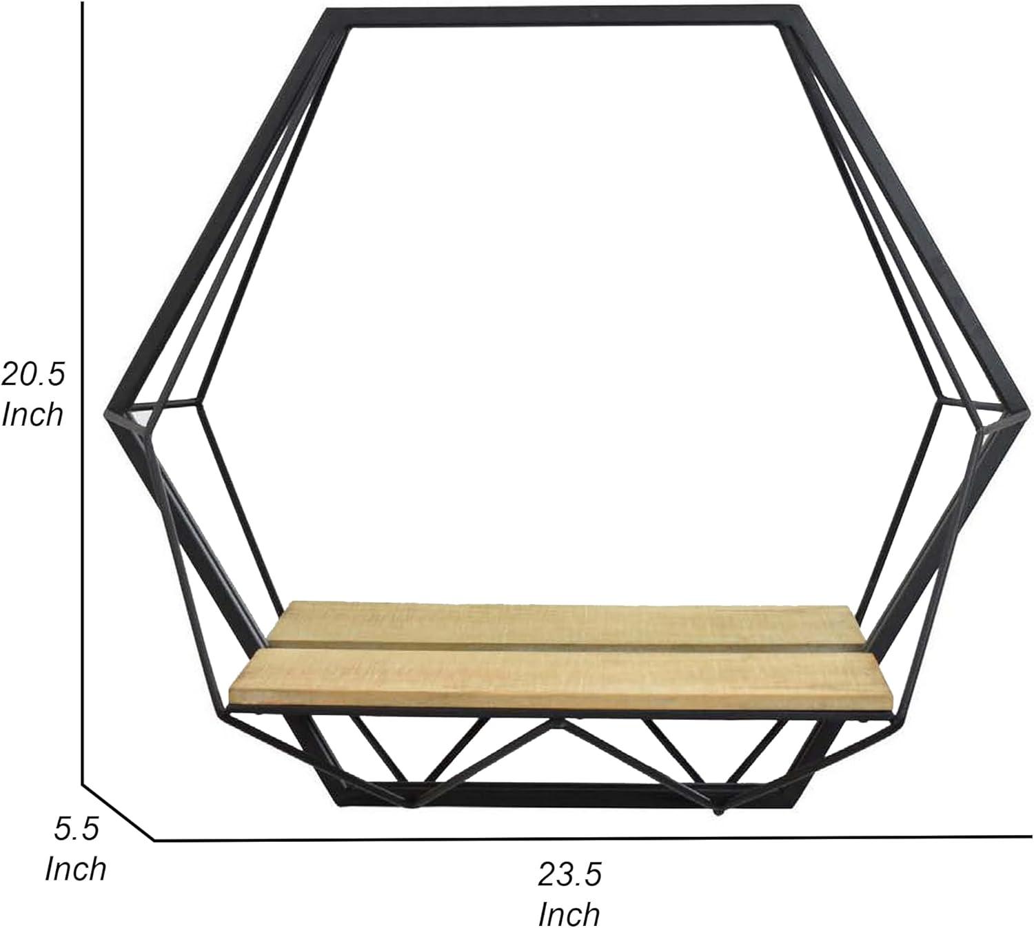 Hexagon Black Metal Frame with Light Brown Wood Shelf Wall Mirror
