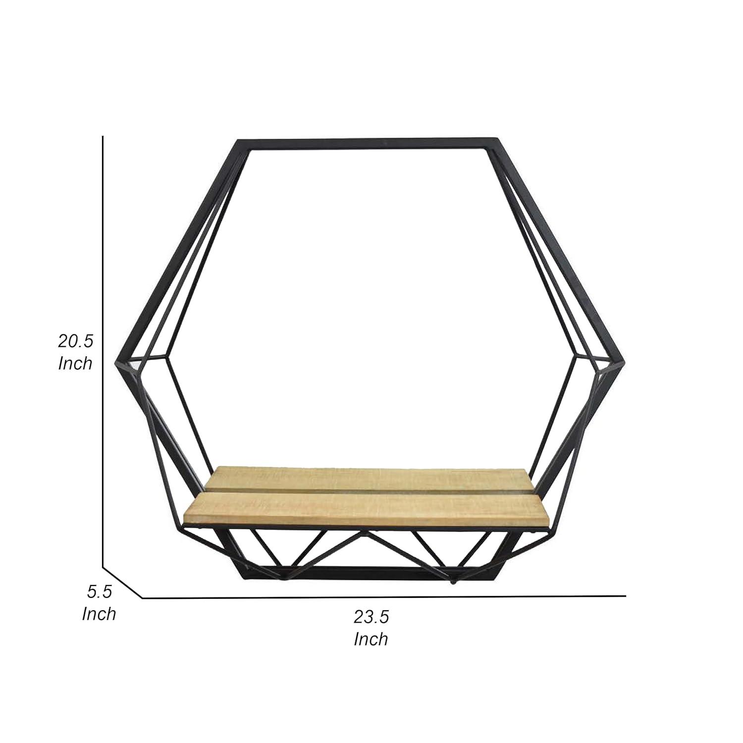 Hexagon Black Metal Frame with Light Brown Wood Shelf Wall Mirror