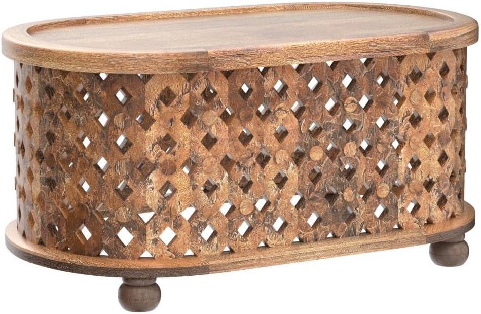 36 in. Oval Farmhouse Coffee Table with Intricate Cut Out Design, Antique Brown