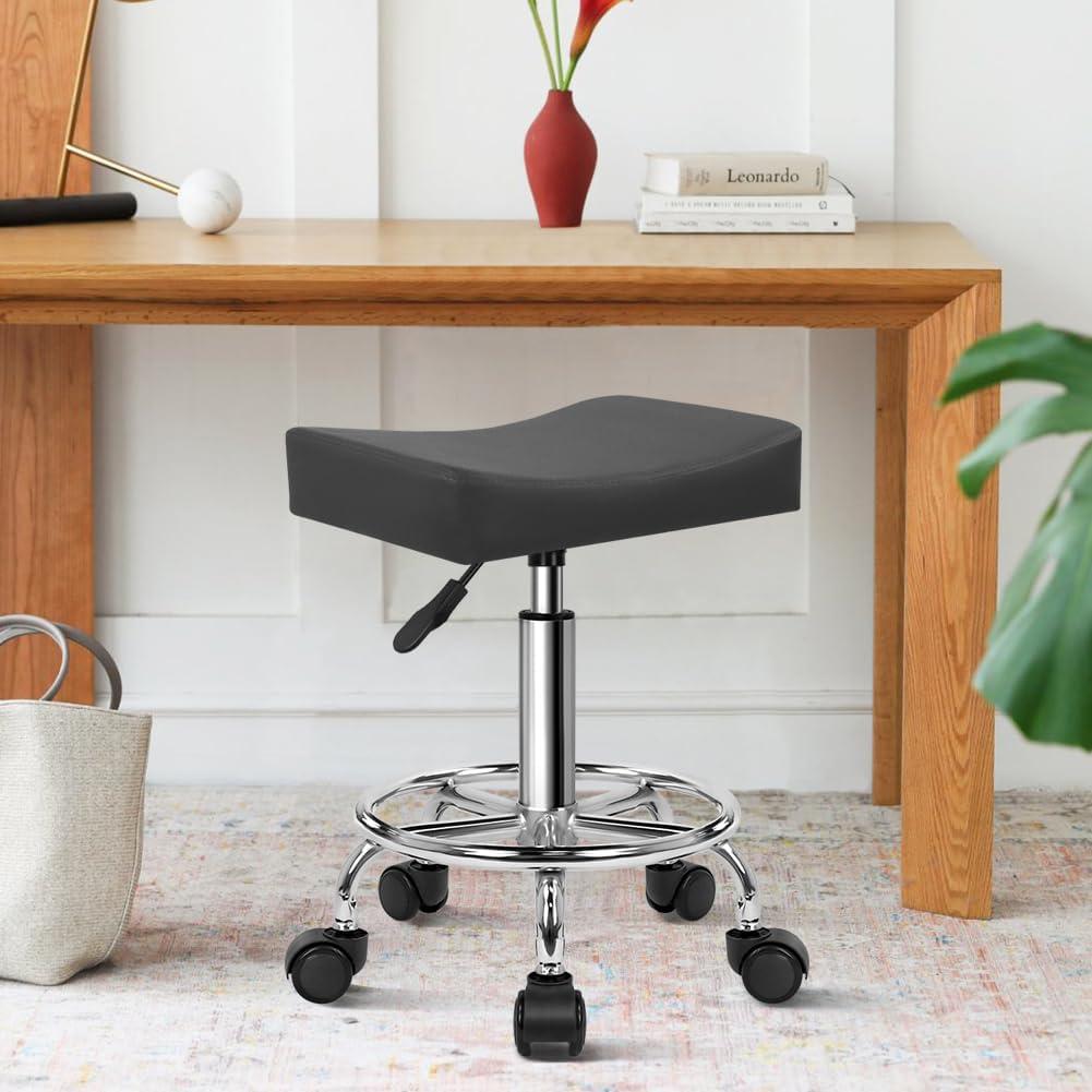 Square Rolling Stool with Footrest PU Leather Height Adjustable 360° Swivel Stool with Wheels Massage SPA Salon Stools Task Chair Desk Drafting Bedroom Vanity Stool (Grey)