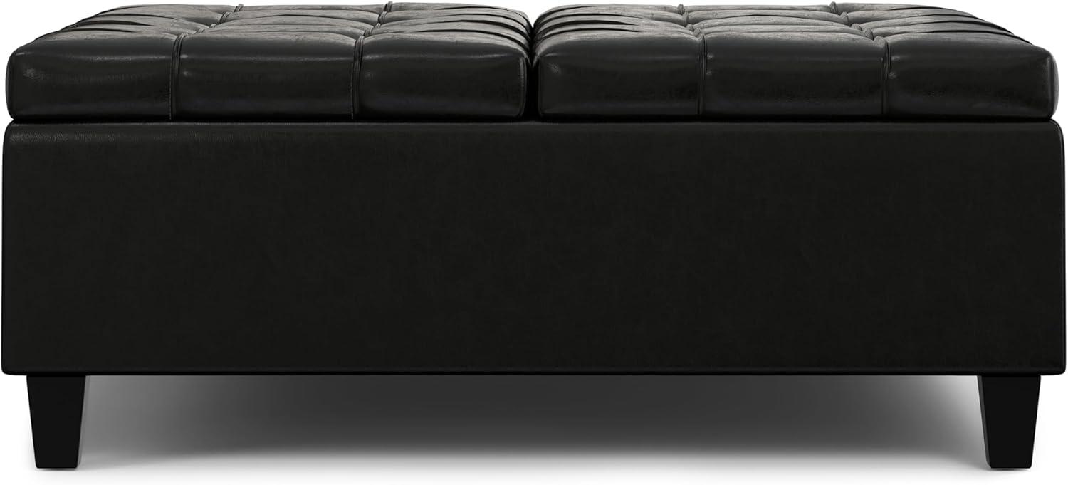 Simpli Home Harrison 40 inch Wide Transitional Square Large Coffee Table Storage Ottoman in Midnight Black Vegan Faux Leather