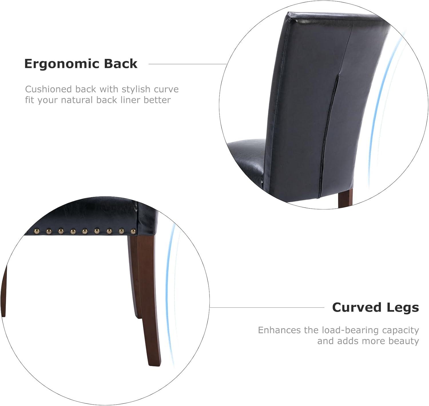 Colamy Black Upholstered Wood Legs Parsons Leather Dining Chairs with Nail head Trim Set of 2 for Dining Room