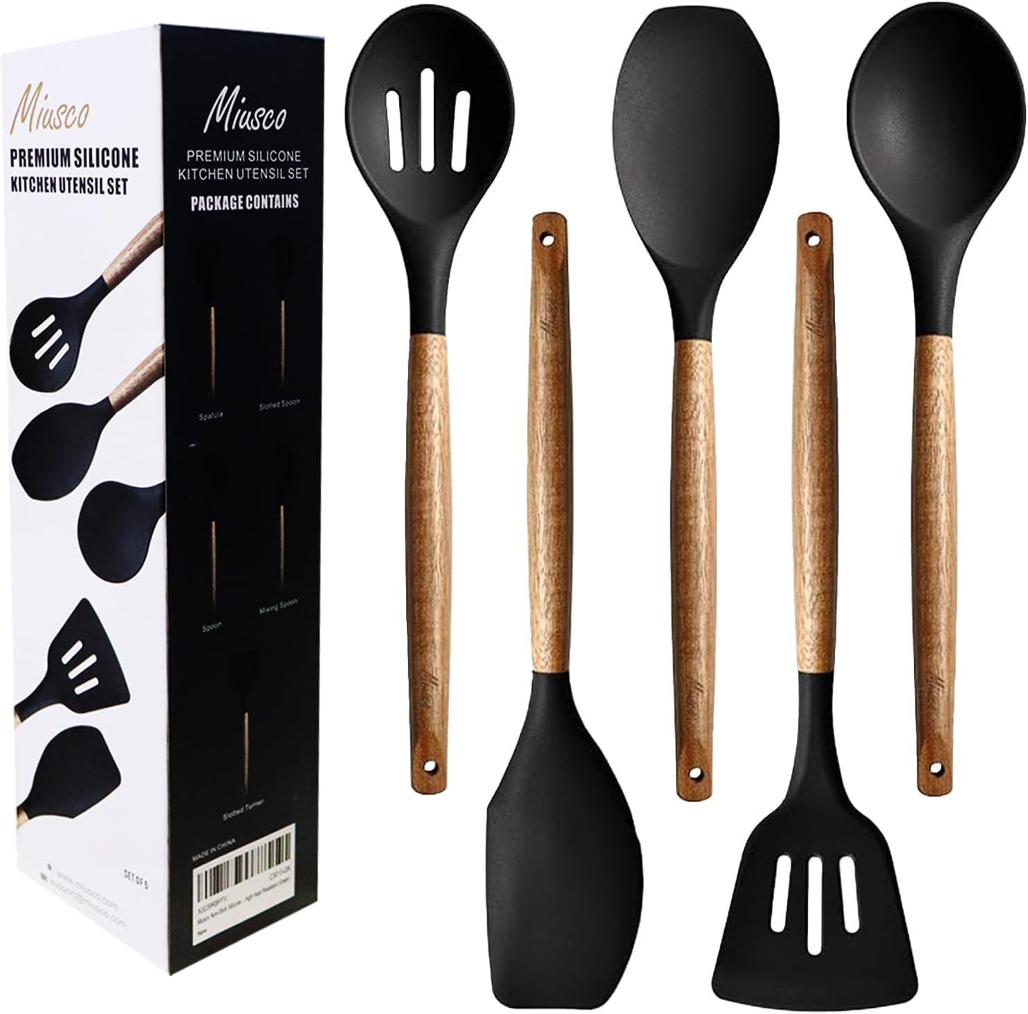 Black Silicone and Acacia Wood 5-Piece Cooking Utensil Set