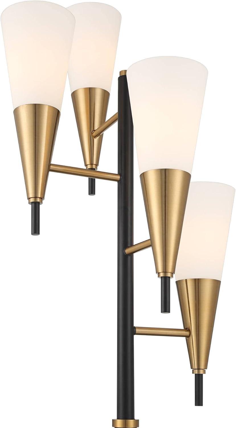 Possini Euro Design Quatro Mid Century Modern Tree Floor Lamp 71" Tall Black Gold Metal 4 Light Frosted Glass Cone Shade for Living Room Bedroom House