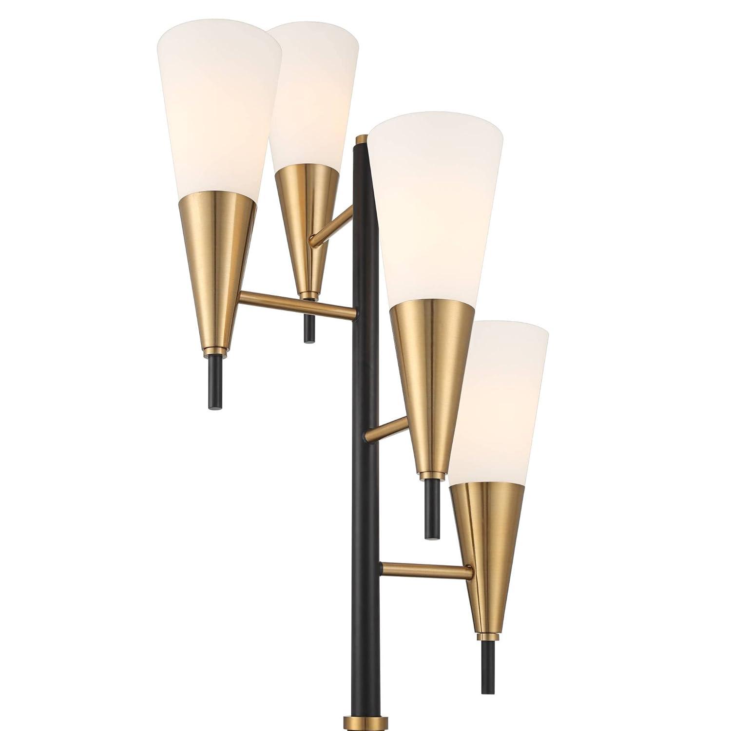Possini Euro Design Quatro Mid Century Modern Tree Floor Lamp 71" Tall Black Gold Metal 4 Light Frosted Glass Cone Shade for Living Room Bedroom House
