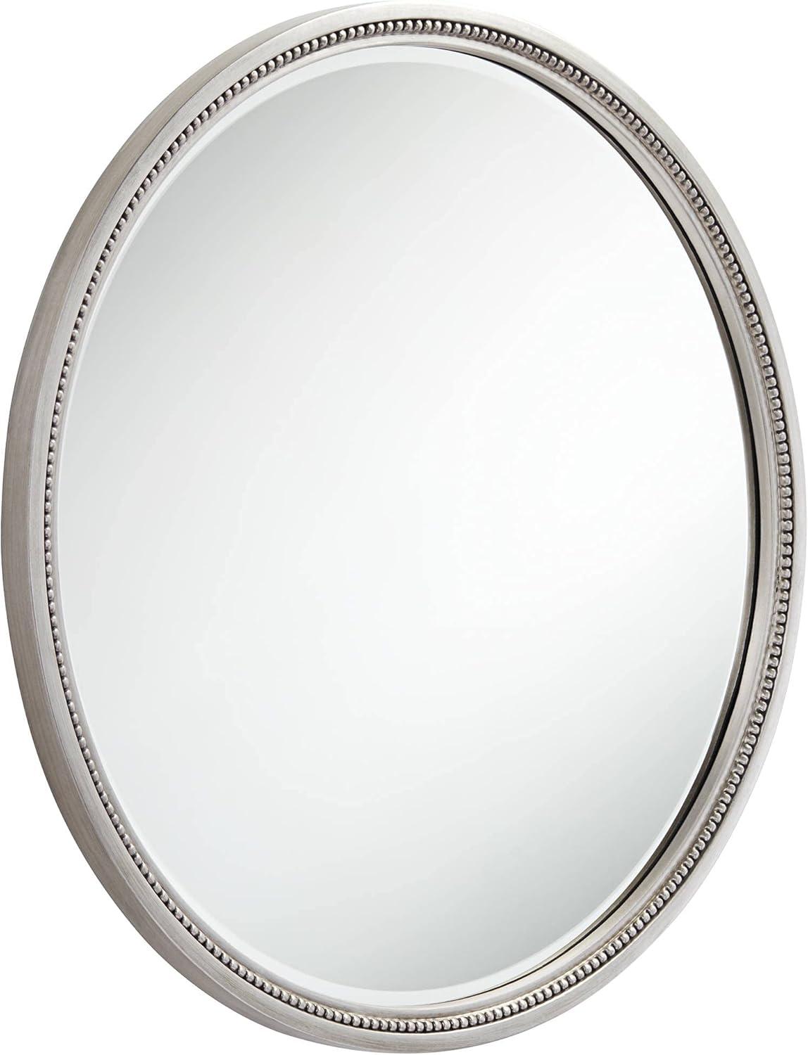 Noble Park Lorraine Round Vanity Decorative Wall Mirror Modern Beveled Beaded Trim Silver Wood Frame 32 3/4" Wide for Bathroom Bedroom Living Room