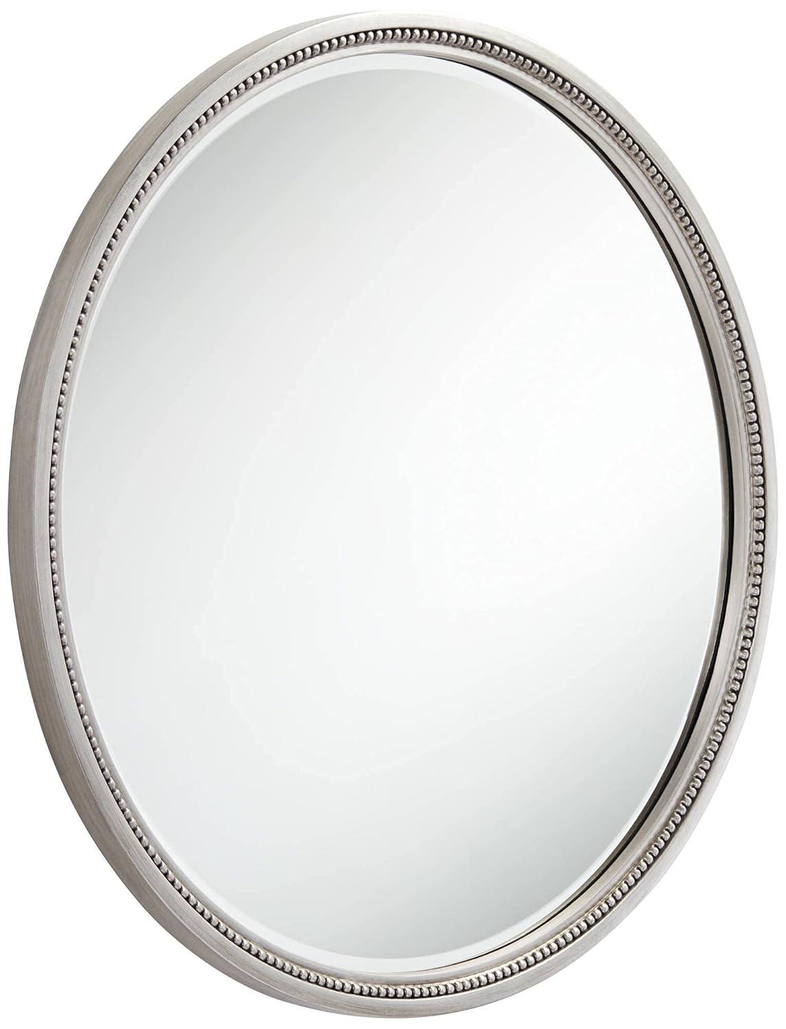 Noble Park Lorraine Round Vanity Decorative Wall Mirror Modern Beveled Beaded Trim Silver Wood Frame 32 3/4" Wide for Bathroom Bedroom Living Room