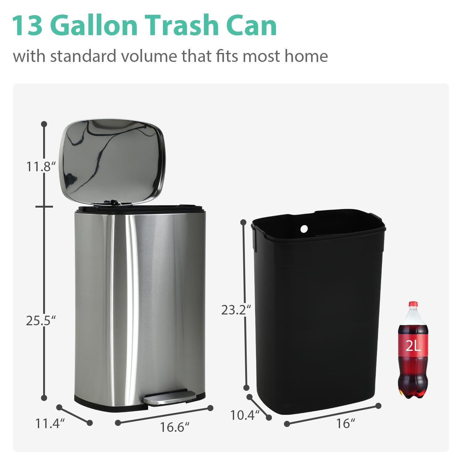 13 Gallon Tall Kitchen Garbage Can, Stainless Steel Trash Bin with Soft-Close Lid, Step Pedal, Oval Shape, Fingerprint-Resistant, Removable Inner Bucket