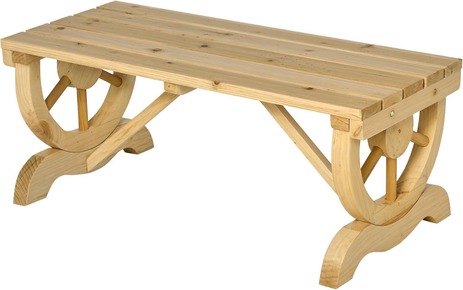 Outsunny 2-Person Wooden Garden Bench, Outdoor Wagon Wheel Porch Bench for Backyard Garden, Support 550 LBS, Rustic Country Style, Brown