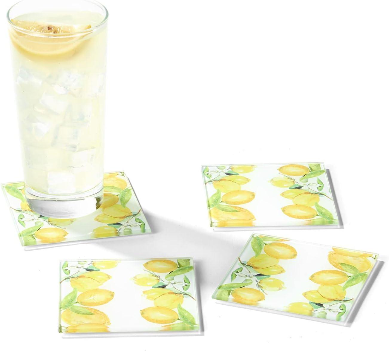 American Atelier, Square, Yellow Glass Drink Coasters (Lemon Branches), Set of 4