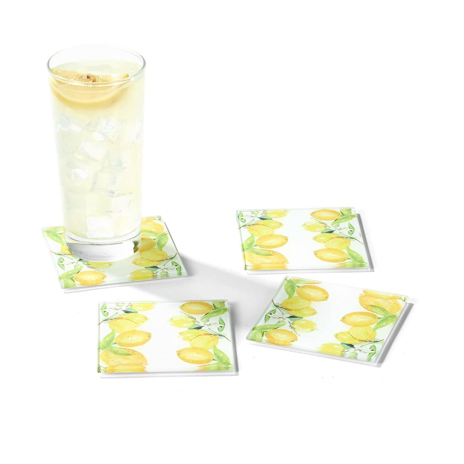 American Atelier, Square, Yellow Glass Drink Coasters (Lemon Branches), Set of 4