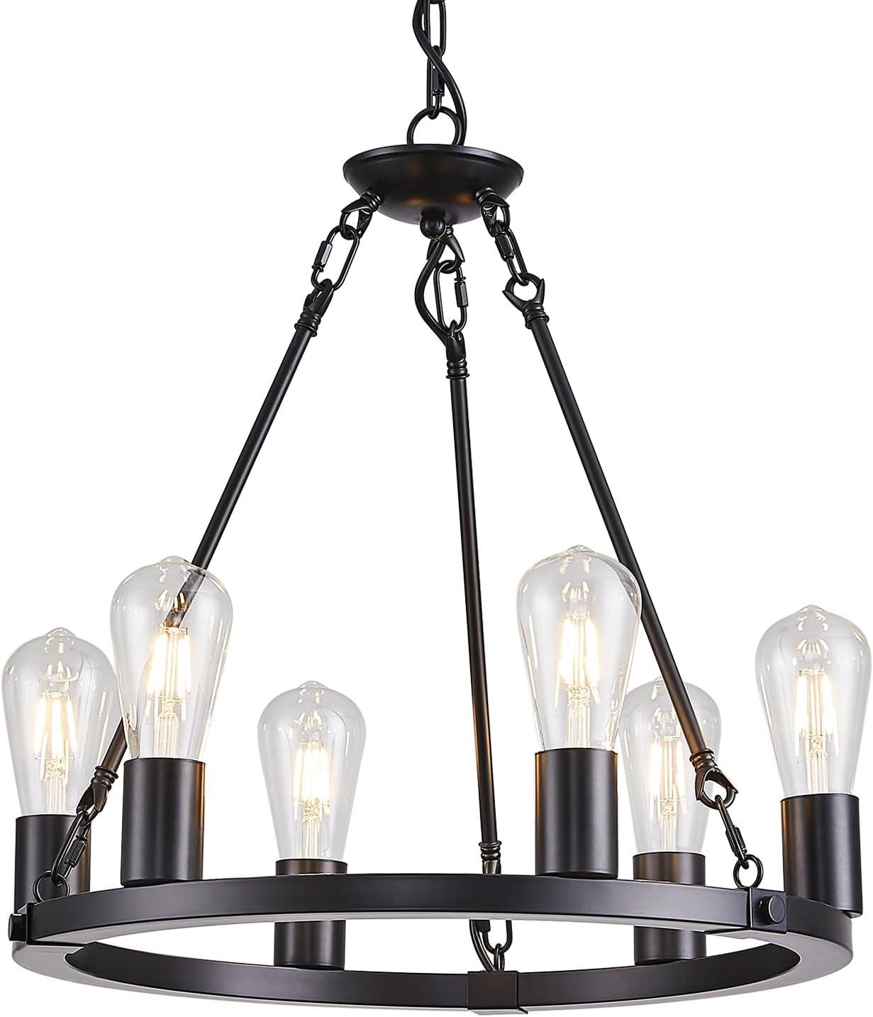 Matte Black Metal Wagon Wheel 6-Light Chandelier