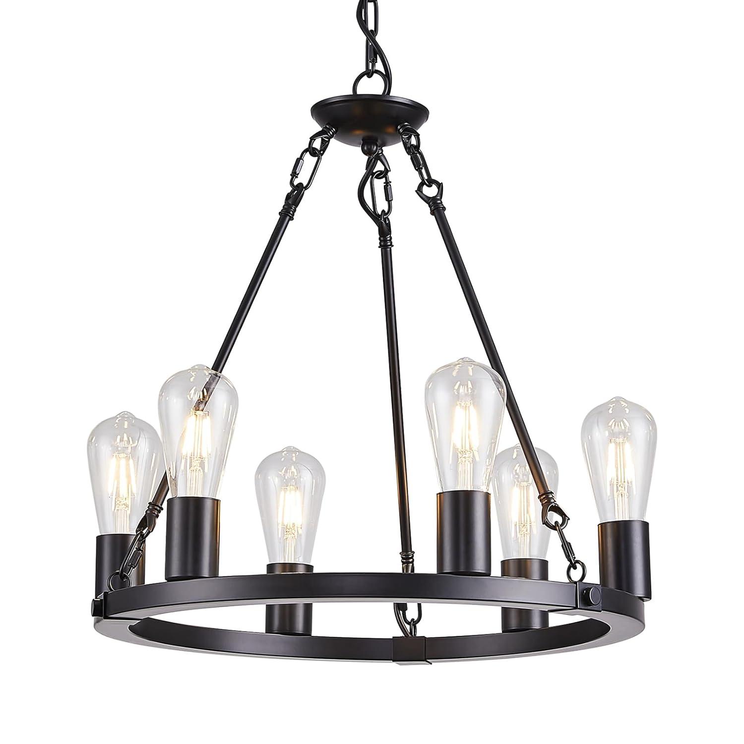 Farmhouse 6 Lights Black Wagon Wheel Chandelier,Modern Vintage Round Pendant Light Fixture for Dining Room,Living Room, Entryway Foyer Kitchen Island, E26