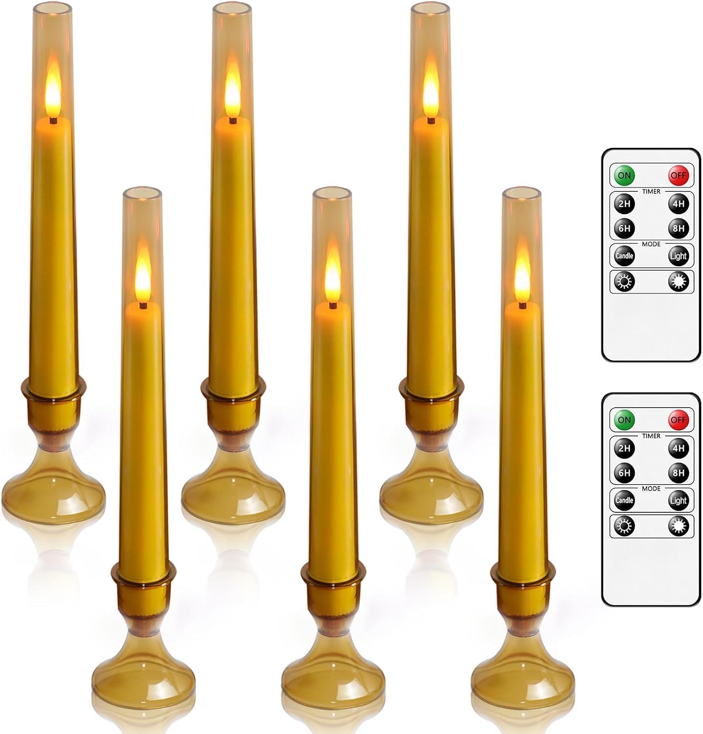 6pcs Waxy Flameless Taper Candles with Remote, Led Flameless Candlesticks Classic Tall Taper Candles with Holders Flickering Battery Operated Taper Candles for Bedroom Dining Room