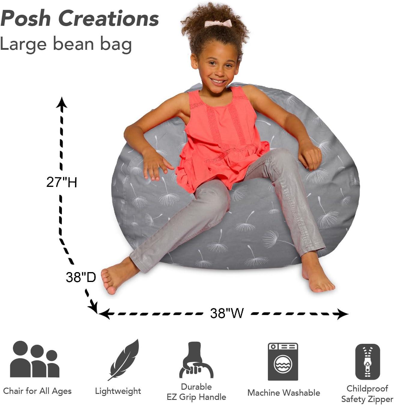 Posh Creations Kids Bean Bag Chair, Big Comfy Chair - Machine Washable Cover Canvas White Dandelions on Gray 38 Inches Large
