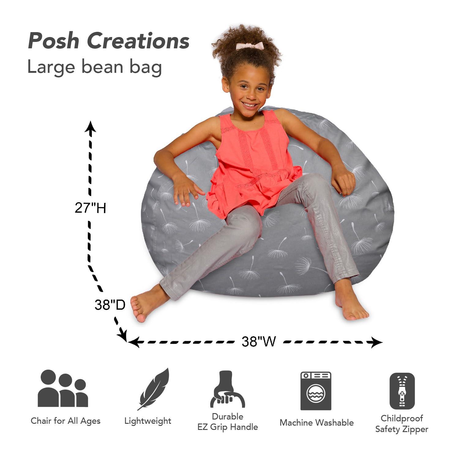 Posh Creations Kids Bean Bag Chair, Big Comfy Chair - Machine Washable Cover Canvas White Dandelions on Gray 38 Inches Large