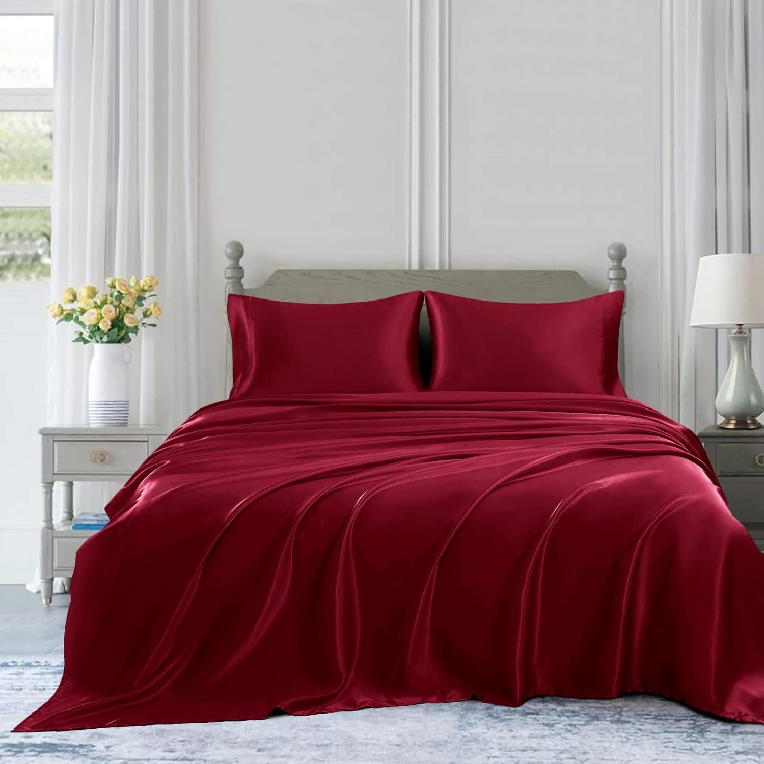 Cloud Fino Luxurious Satin Bed Sheets Burgundy Silk Sheets King 15 " Deep Pocket Pillowcases Sheet, 4-Piece
