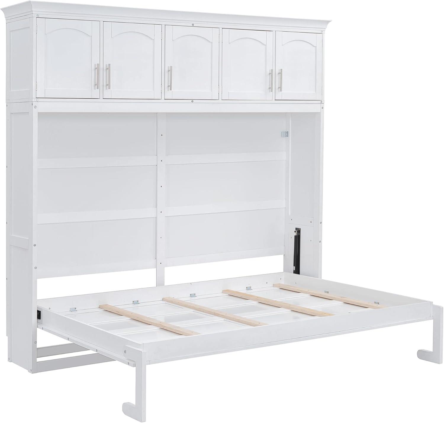 White Queen Size Murphy Bed with Storage Cabinets and Slats
