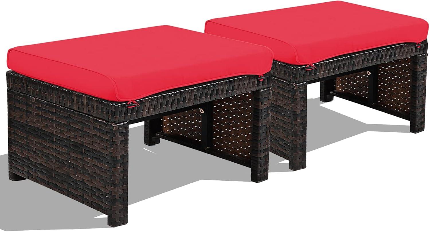 HAPPYGRILL 2 Piece Outdoor Wicker Ottomans, Patio Rattan Footstool with Cushions, Solid Steel Frame, Multifunctional Ottomans for Poolside Backyard Balcony