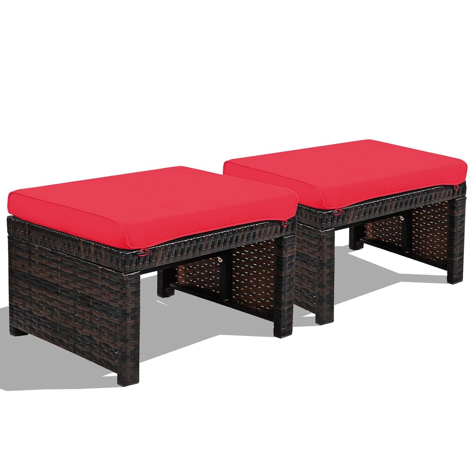 HAPPYGRILL 2 Piece Outdoor Wicker Ottomans, Patio Rattan Footstool with Cushions, Solid Steel Frame, Multifunctional Ottomans for Poolside Backyard Balcony