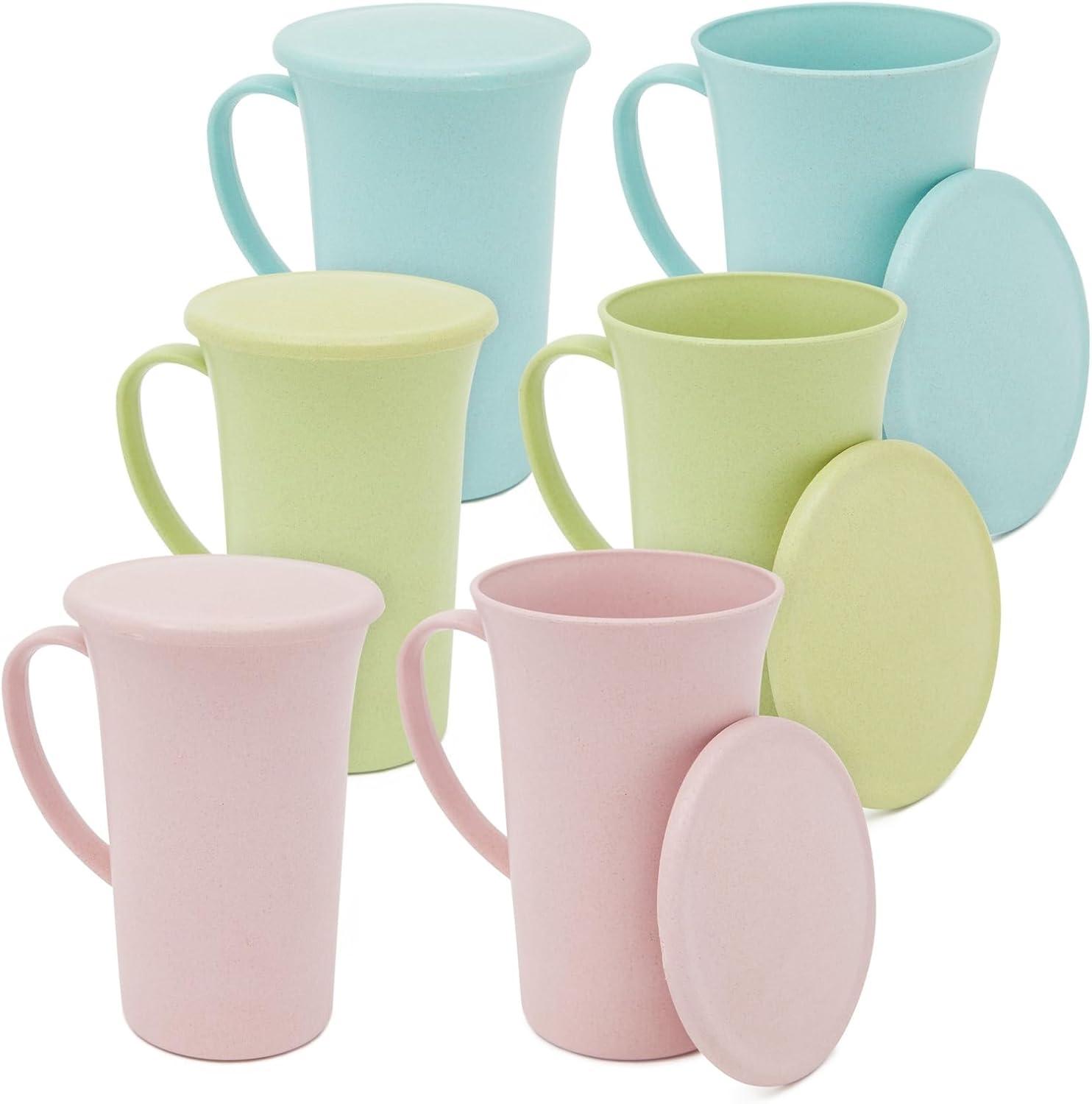 Pastel Pink, Green, and Blue Wheat Straw Mugs with Lids, Set of 6