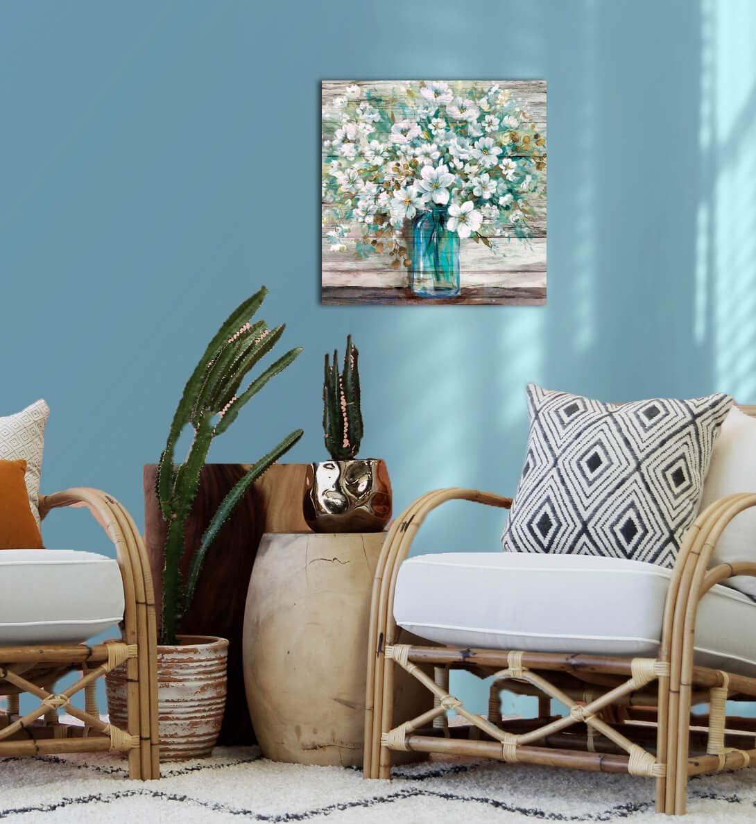 Teal Blue Mason Jar with White Flowers Canvas Wall Art