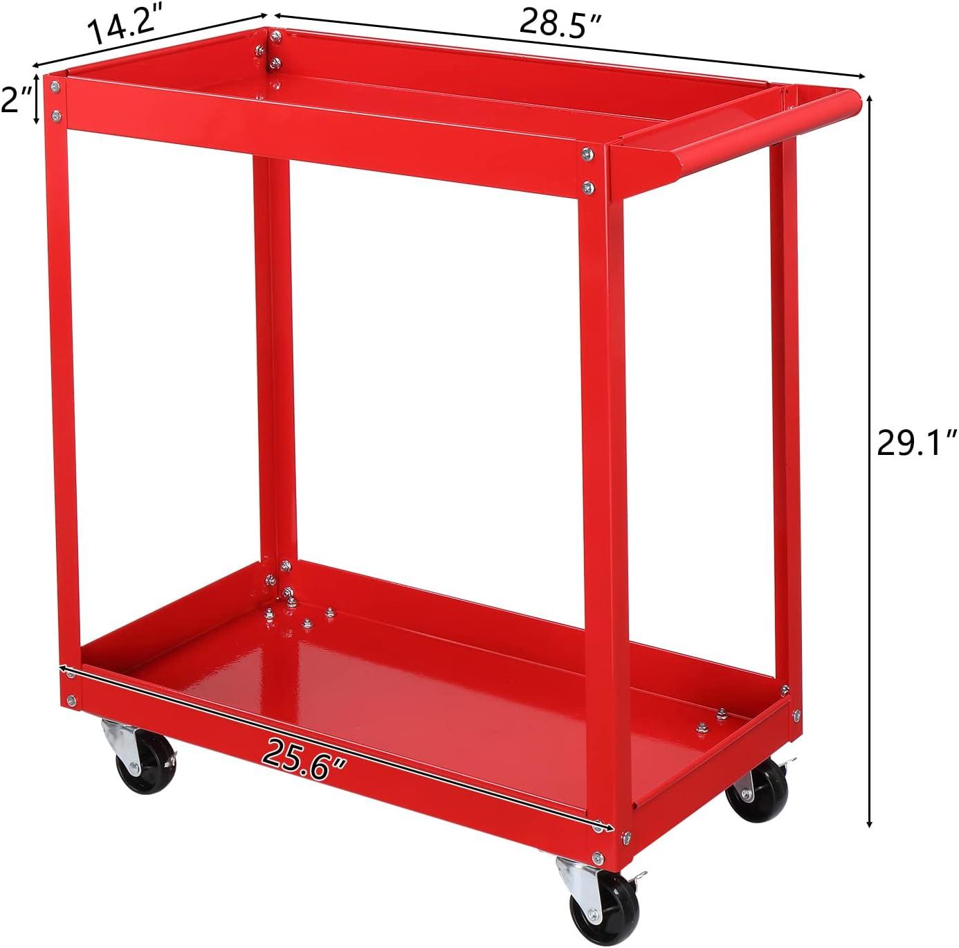 Red 2-Tier Steel Rolling Tool Cart with Wheels