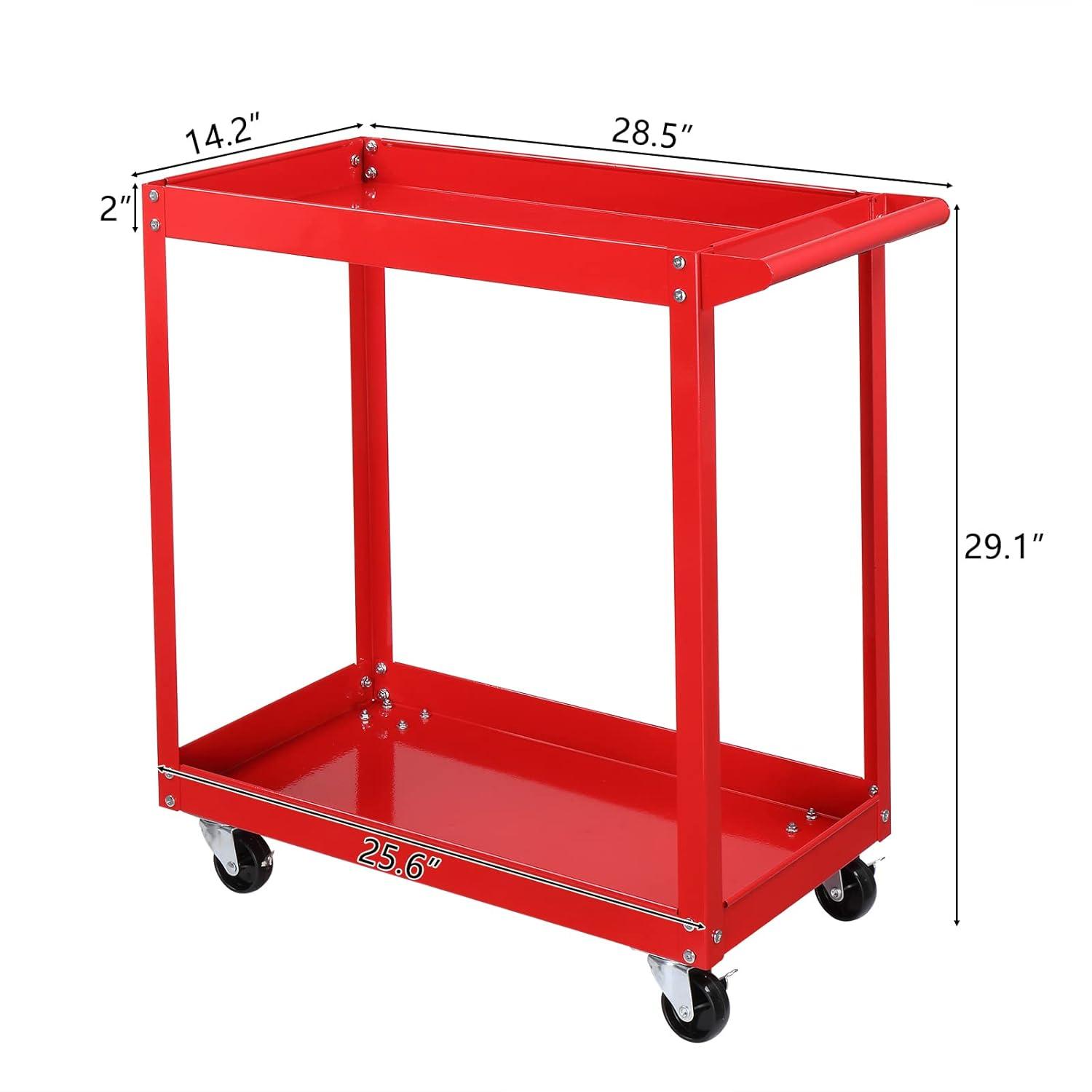 2 Tier Rolling Tool Cart, 220 LBS Capacity Industrial Service Cart w/Wheels, 2 Shelf Steel Utility Cart, Tool Storage Organizer for Mechanic, Garage, Workshop, Warehouse & Repair Shop, Red