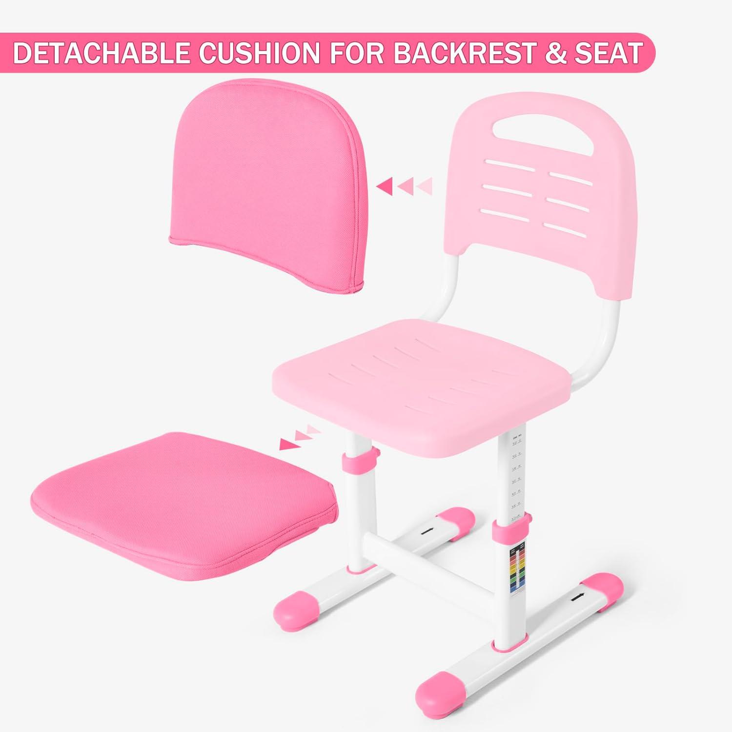 Artist hand Kids Study Table and Chair Set,Adjustable Girls School Writing Study Table,with Large Writing Board LED Pull Out Drawer Pencil Case Bookstand