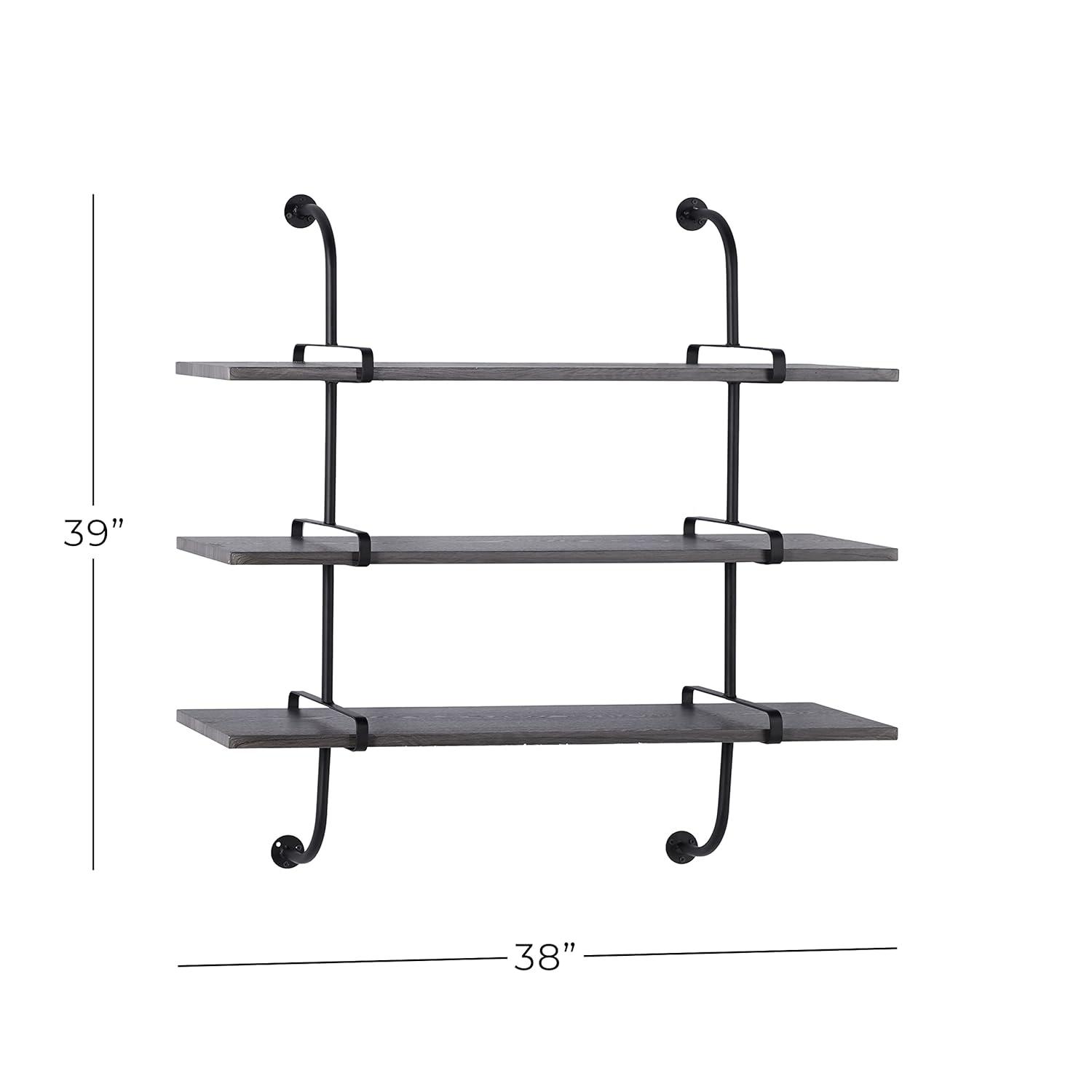 DecMode 38" x 10" 3-Tier Gray Wall Shelf with Black Metal Brackets