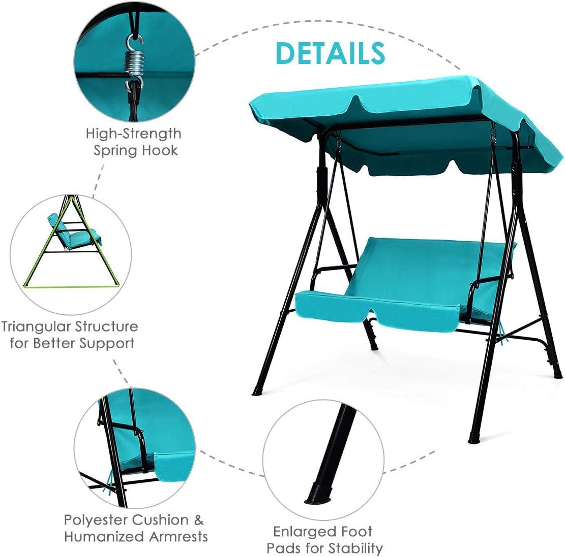 2-Person Turquoise Steel Patio Swing with Adjustable Canopy