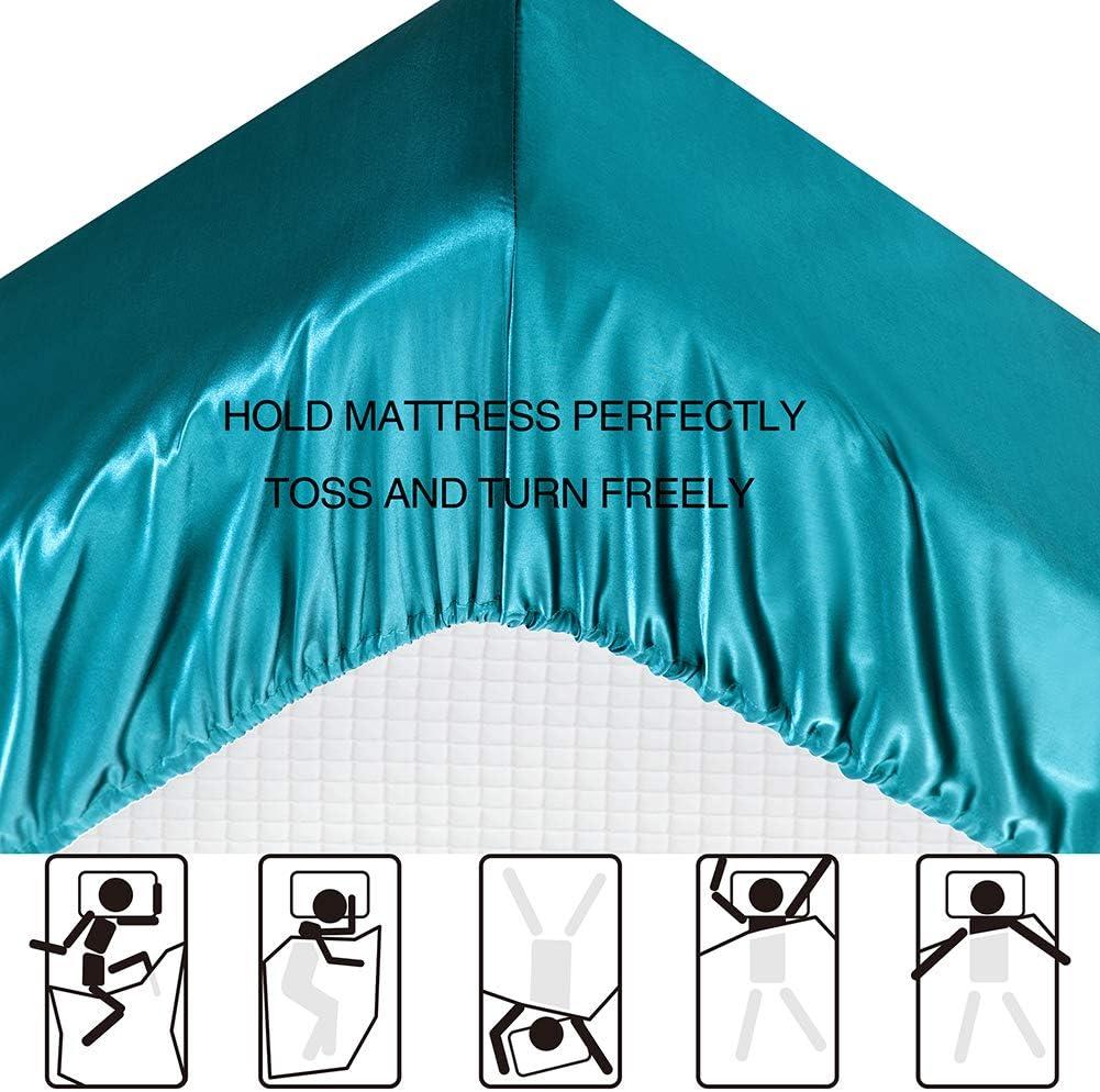 Satin Bed Sheets Full Size Sheet Sets, Teal Silk Sheets, 4 - Pieces Soft Bedding Set with 1 Deep Pocket Fitted Sheet,1 Flat Sheet,2 Pillowcase
