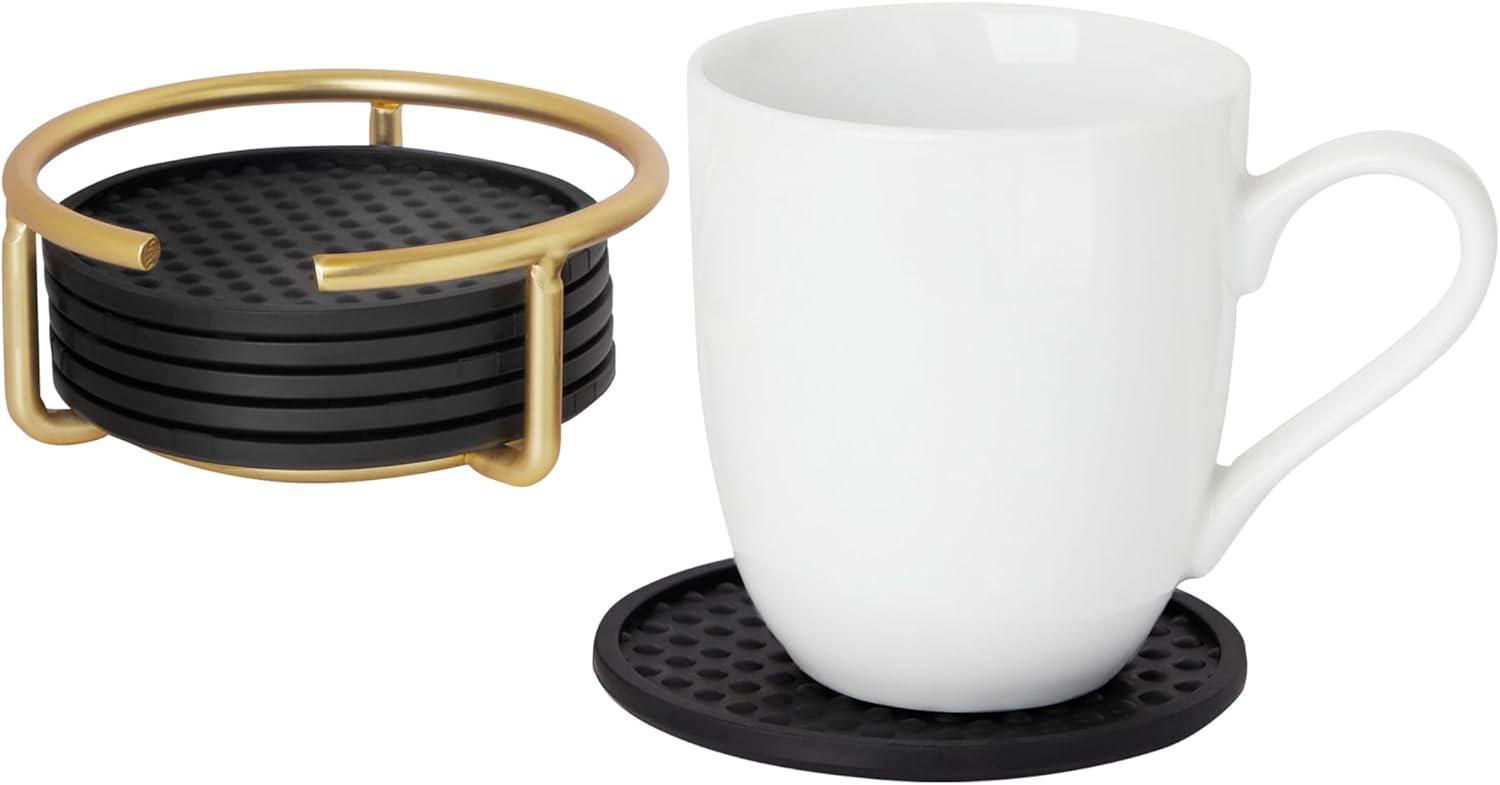 Spectrum Diversified Euro Drink Coasters with Holder - Home Décor Absorbent Coaster Set of 6 for Tabletop Protection, Gold