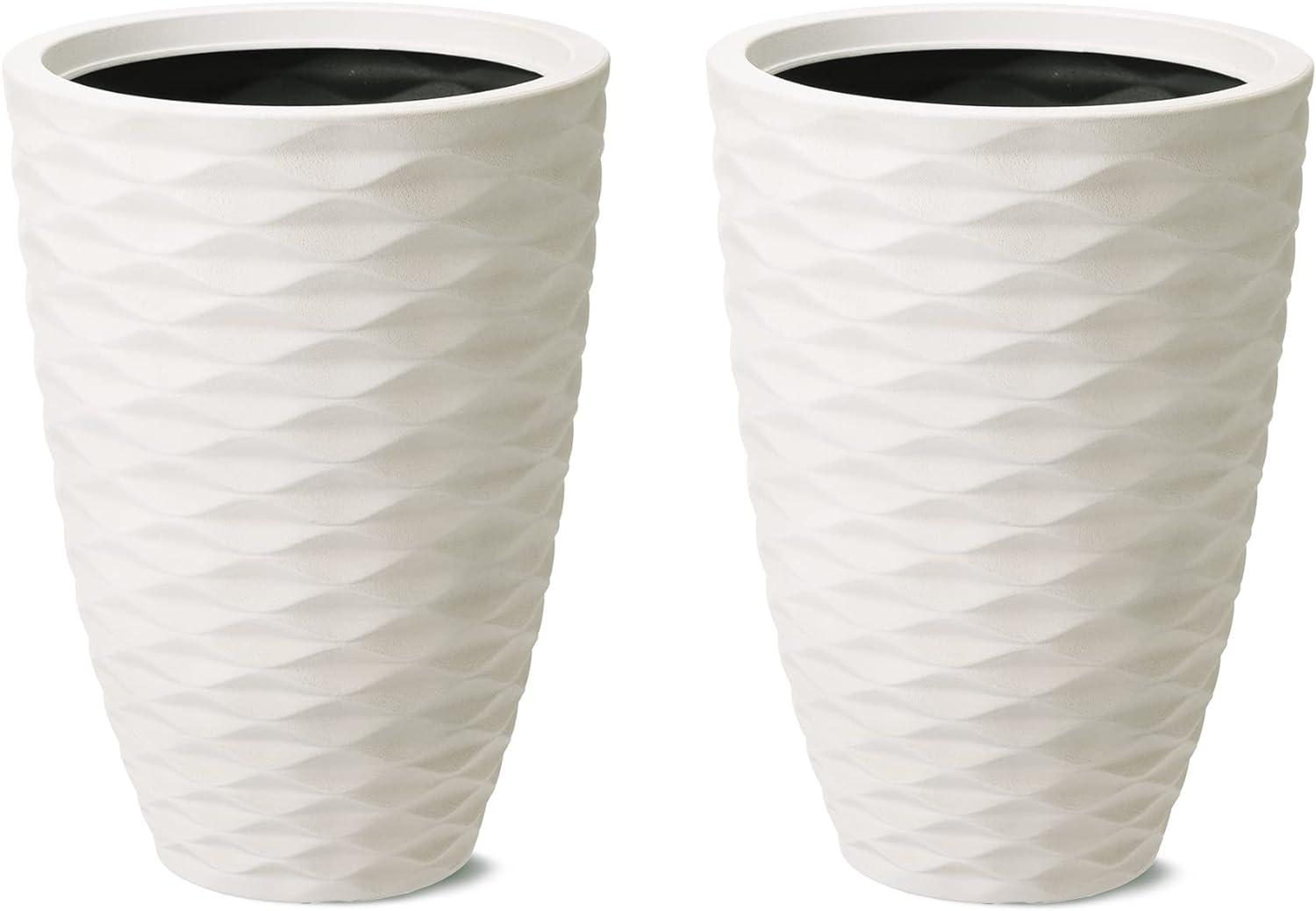 Set of 2 White Faux Ceramic Tall Floor Planters